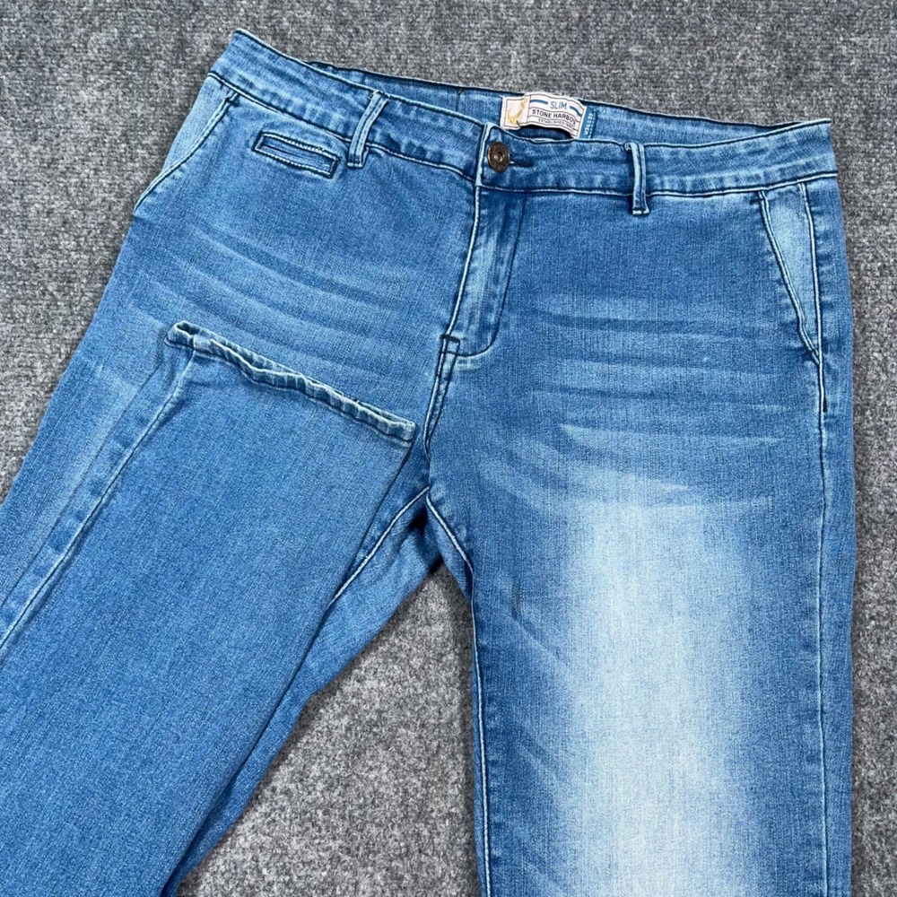 Stone Harbour Slim Fit Denim Jeans Mens 34x33 Stretch Med Wash Blue Fade Whisker